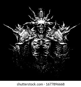 A sinister Lord necromancer, consisting of many bones and spikes, on his head he has something like a crown, in his chest a sinister mouth with terrible fangs. 2D illustration