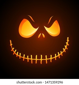 Sinister Pumpkin Face on dark background. Character Mask of Pumpkin cut - Vector