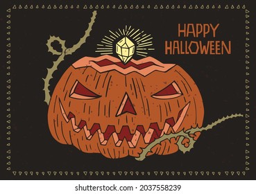 Calabaza siniestra con un cristal mágico. Tarjeta de Halloween dibujada a mano. Carácter místico
