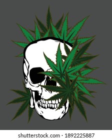 Calavera siniestra sobre el fondo de hojas de cáñamo