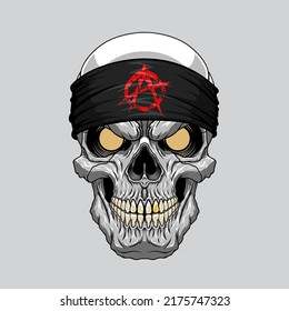 A sinister skull wearing a black bandanna with a red anarchy sign. The skull of a man in a bandana. Vector illustration with high detail.