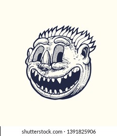 Sinister smiling vampire, round emoticon with predatory sharp teeth. Drawing Style. Vector illustration.