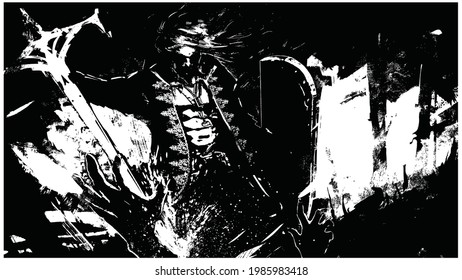Un siniestro guerrero vampiro en medio de un campo de batalla lleno de cadáveres termina brutalmente con el enemigo con su enorme espada, lleva puesto un abrigo con patrones. 2.ª ilustración