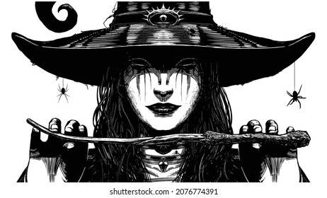 A sinister witch in big black hat and ponytail  holding curved magic wand in her thin fingers  darkness in her eyes  creepy tautirovki her face    spiders running around her body  2d art
