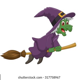 Sinister witch was riding broomstick on white background 