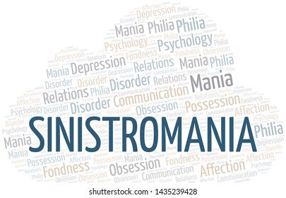 Sinistromania word cloud. Type of mania, made with text only.