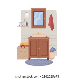 Sink basin and mirror bathroom interior furniture in flat cartoon design. Vector wash tap and shelf with face care products, towels and flower decoration, lamp and carpet. Modern closet illustration