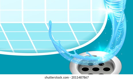 Sink Or Bath Plug Hole And Water Splash Vector. Shower Bathtub Stainless Drain Plug, Flowing Liquid And Ceramic Tile. Washbasin And Splashing Stream Flash Template Realistic 3d Illustration