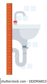 Sink in bathroom with faucet and pipe, place for washing hands, hanging at wall from bricks, part of interior for home, apartment, view from side, ceramic sink vector isolated icon in cartoon style