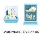 Sink with a bunch of dirty dishes and open dishwasher with clean dishes. Different kitchen household utensils before and after washing. Vector illustration in a trendy flat style.