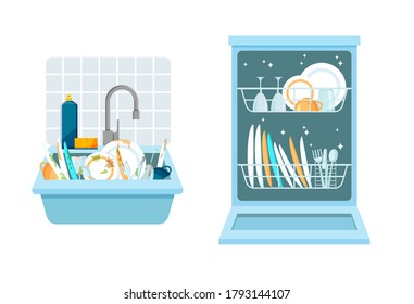 Sink with a bunch of dirty dishes and open dishwasher with clean dishes. Different kitchen household utensils before and after washing. Vector illustration in a trendy flat style.