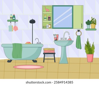 Sink and cabinet with mirror. Bathroom with shower. Towel and stool with clothes. Shelf with flowers. Bathroom. Hygiene items. Vector illustration