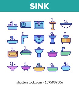 Sink Ceramic Bathroom Collection Icons Set Vector Thin Line. Bath Sink With Faucet, Restroom Hands And Face Wash Equipment Concept Linear Pictograms. Monochrome Contour Illustrations