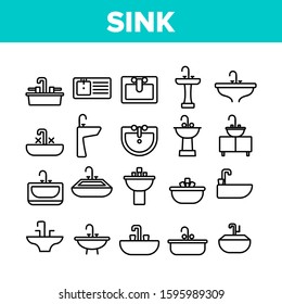 Sink Ceramic Bathroom Collection Icons Set Vector Thin Line. Bath Sink With Faucet, Restroom Hands And Face Wash Equipment Concept Linear Pictograms. Monochrome Contour Illustrations