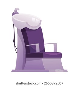 Cadeira de pia com uma pia e uma torneira, cor roxa. Equipamento para lavar o cabelo em um salão de beleza. Cuidado com a beleza. Ilustração plana vetorial. Plano de fundo isolado. Ícone.