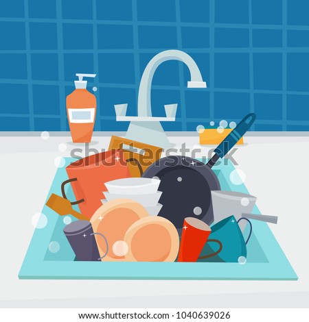 Sink with clean kitchenware and dishes, utencil and sponge. Flat cartoon style vector illustration.