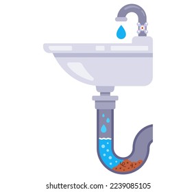 sink clogging. blockage in the pipe. flat vector illustration.