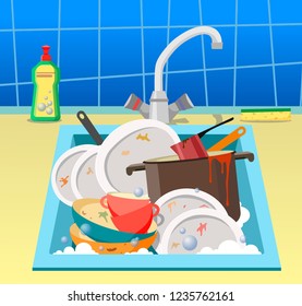 Sink with dirty dishes. Flat style illustration