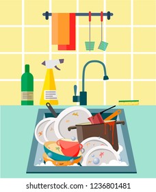 Sink with dirty dishes. Flat style illustration