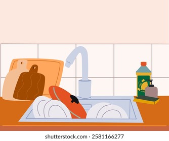 Sink with dishes, kitchen interior. Washing plates, cups and dishes.