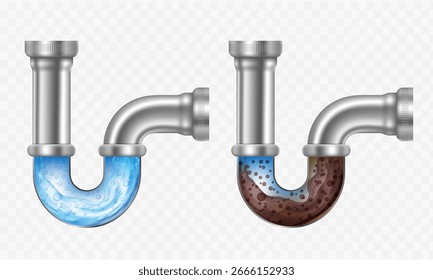 Tubo de drenagem com entupimento. Limpe o tubo de esgoto após o limpador de dreno. Isolado no plano de fundo transparente. Ilustração vetorial