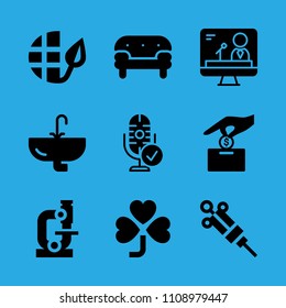 sink, ecology, sofa, make a donation, television, microphone, clover, microscope and syringe vector icon. Simple icons set