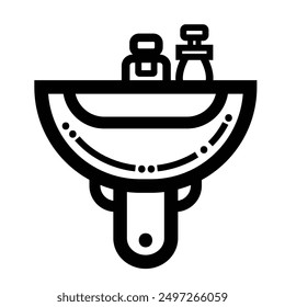 Sink with faucet and hand soap bottle icon illustration isolated on square white background. Simple flat outlined cartoon art styled drawing. Bathroom or kitchen interior object.