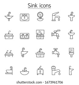 Sink & Faucet Icon Set In Thin Line Style