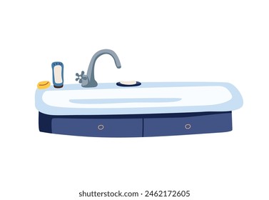 Sink with faucet, tap in bathroom with soap, toothpaste. Washbasin on bath cabinets, sanitary furniture. Home interior, washroom plumbing. Flat isolated vector illustration on white background