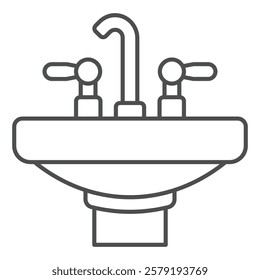 Sink with faucet tap thin line icon, house interior concept. Vector graphics. Ceramic washbasin sign on white background, outline style icon for mobile or web design