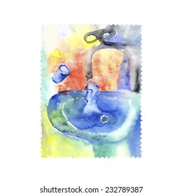 Sink, faucet, water, glass. Save water. Watercolor. One of a series of illustrations symbolizing actual problems.