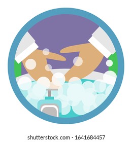 Sink full of water and soap bubbles, and a bottle of liquid soap standing next to it, and man's hands reaching the sink. Washing hands concept.