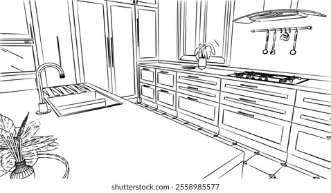 Sink and Hob view black and white kitchen design