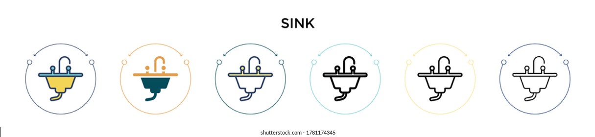 Sink icon in filled, thin line, outline and stroke style. Vector illustration of two colored and black sink vector icons designs can be used for mobile, ui, web