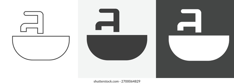Sink icon in outline and solid style with black and white color. Bathroom icon element.