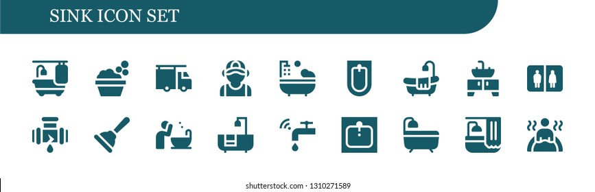 sink icon set. 18 filled sink icons.  Simple modern icons about  - Bathtub, Washbowl, Plumber, Bidet, Sink, Bathroom, Leak, Plunger, Basin, Faucet, Bath