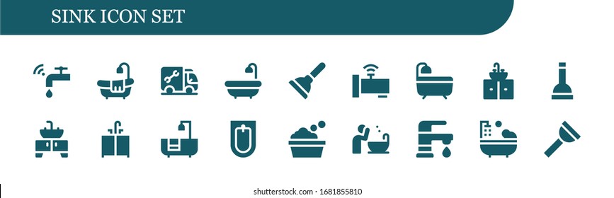 sink icon set. 18 filled sink icons. Included Faucet, Bathtub, Plumber, Bath, Plunger, Sink, Bidet, Basin icons