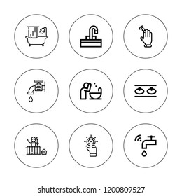 Sink icon set. collection of 9 outline sink icons with basin, bathroom, bathtub, faucet, tap icons. editable icons.