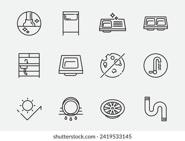 sink icon set with material and benefits of stainless steel table for dish washing designing in line illustration icon.