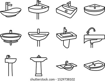 Sink icon set, Silhouette sink, Wash basin, Faucet icon set in thin line style
