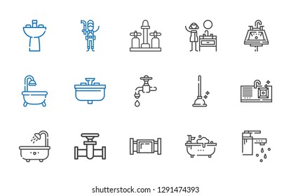 sink icons set. Collection of sink with tap, bathtub, pipe, plunger, faucet, plumber. Editable and scalable sink icons.