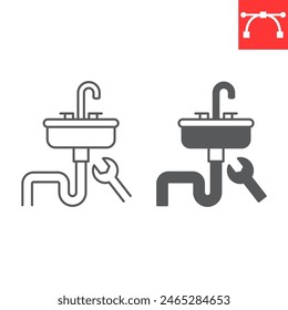 Sink installation line and glyph icon, plumbing service and handyman work, household repair vector icon, vector graphics, editable stroke outline sign, eps 10.
