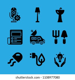 sink, jellyfish, responsible energy use, van, tools, news paper, electricity, microphone and lamp vector icon. Simple icons set