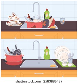 Sink in the kitchen. A pile of unwashed dishes with food stains and detergents. Dishes after dinner and after washing. Advertisement of detergent. Vector illustration