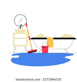 Sink Leak With Water Spill And Cleaning Supplies In Flat Vector Illustration Symbolizing Plumbing Issues, Maintenance, And Hygiene, Isolated On White Background