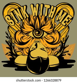 Sink with me. Vector hand drawn illustration of pretty woman with flower, splashes and human eye . Creative tattoo artwork. Template for card, poster, banner, print for t-shirt, pin, badge.