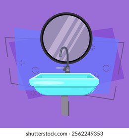 Sink with mirror flat illustration. Washing, routine, water closet. Bathroom concept. Vector illustration can be used for topics like hygiene, healthcare, public services