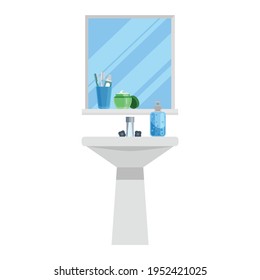 Sink with mirror and toiletries. Toothpaste with toothbrushes, face cream, liquid soap. Home interior design. Vector illustration isolated on a white background for design and web.