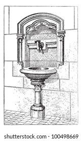 Sink at the Notre Dame Cathedral in Paris, France, vintage engraved illustration. Dictionary of Words and Things - Larive and Fleury - 1895
