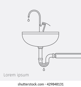 Sink, Nozzle, Tap, Faucet, Plumbing Fixture, Supply Hot And Cold Water, Water Pipe, Drop, Bowl, Plumbing Systems, Sewage, Sewerage, Tapware, Blocked Drain. Thin Line Icon Set. Vector Illustration.